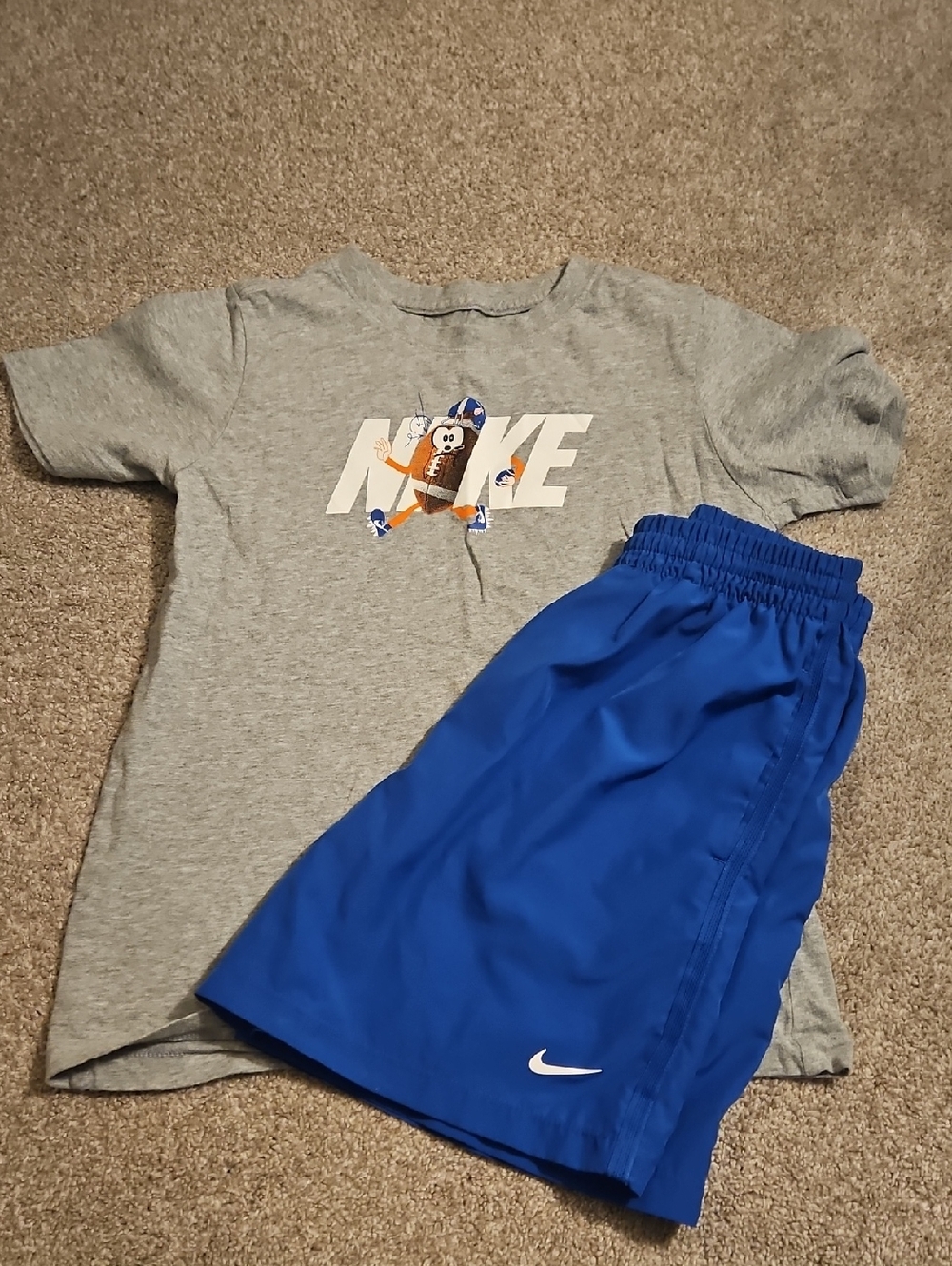 Boys Nike Gray Graphic Tee with Royal Blue Athletic Shorts